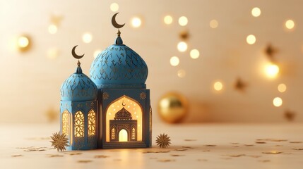 Canvas Print - Beautifully Crafted Blue Mosque Model Emitting Warm Light Against a Soft Background of Bokeh Effects and Star Decorations