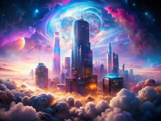 Wall Mural - Psychedelic Skyscrapers: Double Exposure Cityscape Stock Photo