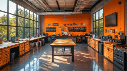 Canvas Print - Bright workspace, wooden furniture, orange walls, large windows.