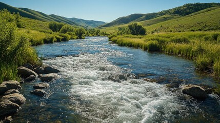 Wall Mural - Serene river flows through vibrant green valley.