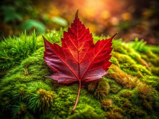 Wall Mural - Red Leaf on Moss: Double Exposure Nature Photography