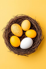 Bird's nest with colorful eggs on yellow background, studio shot for springtime, Easter celebrations