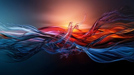 Fototapete - Dynamic waves of abstract lines sunset horizon digital artwork colorful environment artistic viewpoint motion concept
