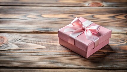 Aufkleber - A Delicate Pink Gift Box with a Satin Bow Rests on a Rustic Wooden Surface