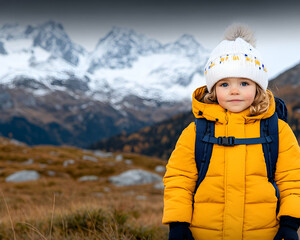 Child hiker posing by snow mountain on autumn hike. Travel tourism, adventure vacation