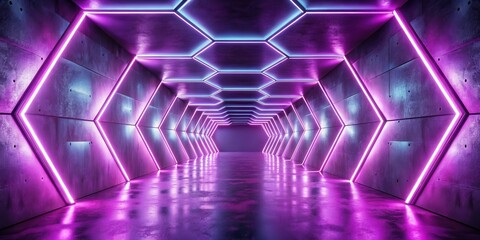 Aufkleber - Futuristic Neon Corridor with Hexagonal Panels and Glowing Purple and Blue Lights