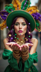 Portrait of beautiful woman in colorful carnival costume in Mardi Gras style blowing confetti at carnival.