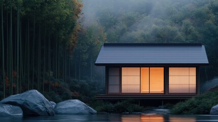 Wall Mural - Serene Japanese House in Bamboo Forest at Dawn with Soft Light