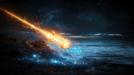 Poster - Bright glowing comets speeding across the night sky over ocean waves digital art cosmic environment dramatic viewpoint