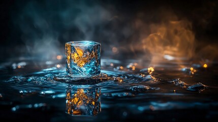 Poster - Ice cube melting in water calm atmosphere high-quality image modern aesthetic reflective surfaces vibrant colors