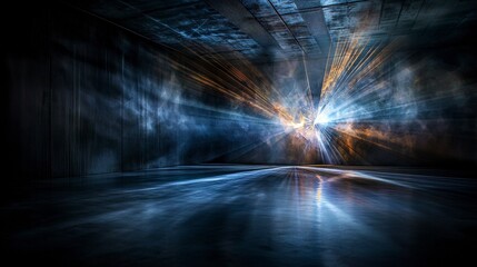 Fototapete - Radiant pulsing lines of light fading in a darkened room abstract art modern environment artistic viewpoint