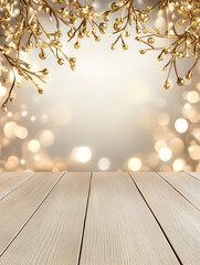 Canvas Print - Elegant gold berry display on wooden table, with bokeh lights background for festive season ads