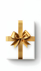 Canvas Print - Elegantly wrapped present, golden bow, white box on a white background, for gifts and celebrations