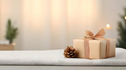 Wall Mural - Gift on a table with blurry background. Presents holiday cheer for Christmas or birthday