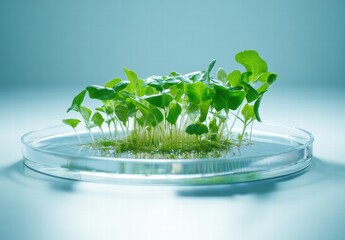 A small group of plants are growing in a petri dish