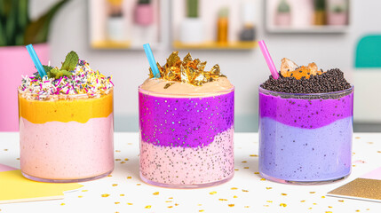 Colorful trio of creative smoothie drinks with bright pink and purple layers for refreshment ideas