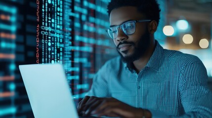 a focused individual works on a laptop, surrounded by digital data displays, highlighting technology