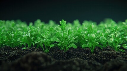 Poster - Vibrant Green Leaves Growing in Rich Dark Soil Under Soft Light