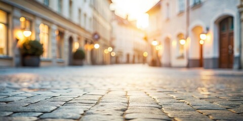 Aufkleber - Cobblestone street at sunset, a charming urban scene with warm lighting and softly blurred background of buildings and shops