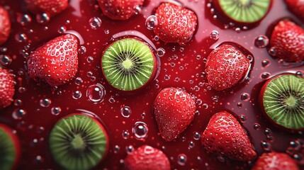 Sticker - Fresh Strawberries and Kiwi in Fizzy Red Beverage with Bubbles