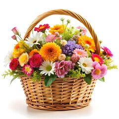 Wall Mural - beautiful basket with colorful summer flowers bouquet on the white background