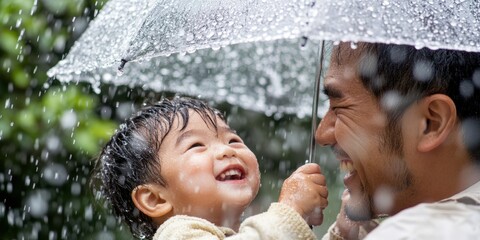 Wall Mural - Asian father and child enjoying rain under umbrella. National Single Parent Day