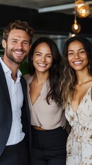 Three young adults smiling, two females and one male, caucasian and hispanic. National Internship Awareness Month