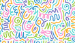 © Buch&Bee - Color line squiggle shape seamless pattern. Vector abstract background filled with colorful swirls and loops in pink, blue, green, orange and purple, exudes playfulness, energy, and kids creativity