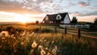 © Julia Jones - Idyllic rural sunset: white farmhouse and vibrant fields under a golden sky