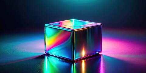 Poster - Reflective Cube Illuminated by Vibrant Neon Lights on Dark Surface