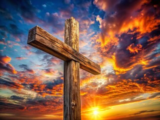 Wall Mural - Serene Sunset Cross: Abandoned Church, Wooden Cross, Spiritual, Peaceful, Evening Sky