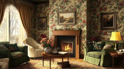 Wall Mural - Cozy traditional living room with a fireplace, floral wallpaper, and vintage-style furniture in rich tones