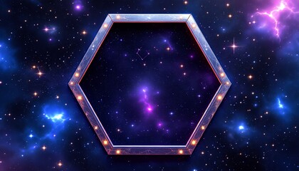 Wall Mural - hexagon frame floating in starry space with nebulae and lightning