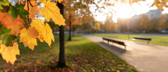 Wall Mural - Autumn Leaves in a City Park on a Sunny Day