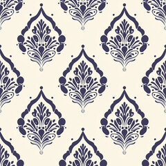 Wall Mural - Elegant floral damask pattern in navy blue and cream for stylish decor.