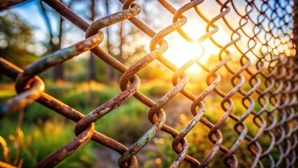 Leinwandbilder - Rustic Chain Link Fence at Sunset, Showing the Warm Glow of the Setting Sun Through the Metal Mesh