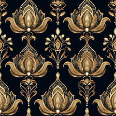 Wall Mural - Elegant floral pattern in gold on a black background, perfect for textiles or wallpaper.