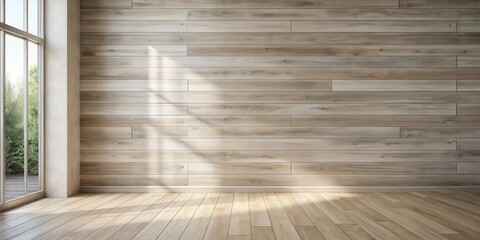 Aufkleber - Sunlit Empty Room with Wood Wall and Floor Ideal for Interior Design Mockups