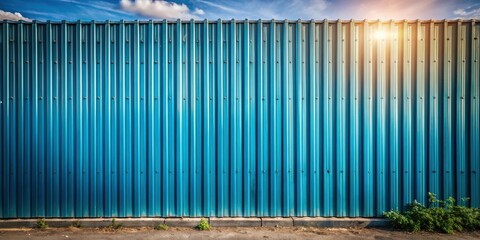 Poster - Blue Corrugated Metal Fence Under a Sunny Sky