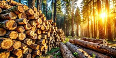 Poster - Golden Hour Lumber Stack in a Sun-Drenched Forest