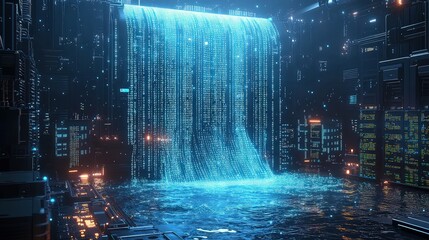 a massive digital waterfall made of glowing binary code, cascading into a vast data lake surrounded 