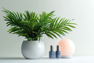 Sticker - A simple still life composition featuring a flower in a white vase alongside a bottle of nail polish