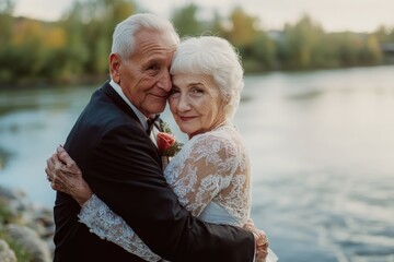 Canvas Print - A romantic moment between two people, embracing each other by the water's edge