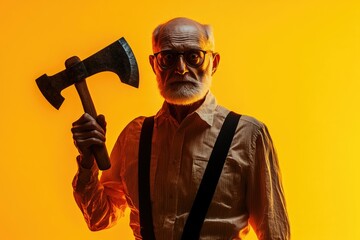 A person with glasses and a beard holds an axe, ready for a task