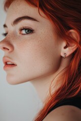 Wall Mural - A close-up view of a woman with bright red hair, shot from a slightly above angle