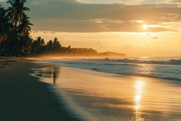 Poster - Golden sunset reflecting on calm ocean waves along a serene beach with palm trees in the background. Generative AI