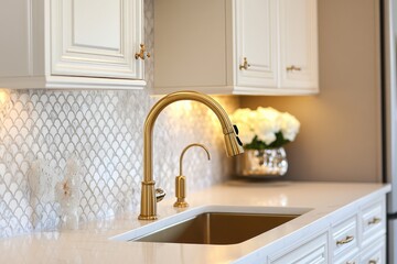 Wall Mural - Modern kitchen design with white cabinetry and gold accents on the sink and faucet