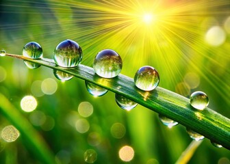 Wall Mural - Spring Dew Drops Macro Photography: Vibrant Green Grass Close-up