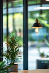 Poster - A table lamp sits next to a potted plant, providing soft lighting