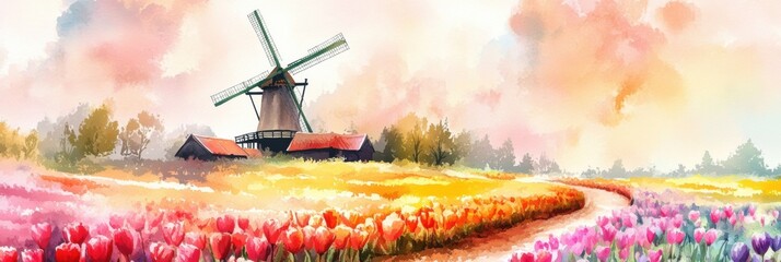 Poster - Vibrant watercolor illustration of tulip fields with windmill in spring setting. Generative AI